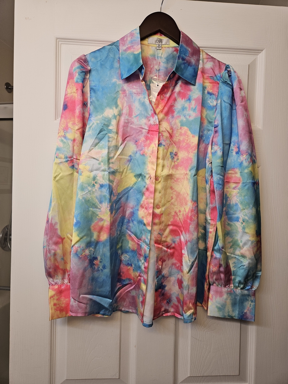 NWT OVI Multicolor Tie-Dye Satin Button-Up Shirt - Pink, Blue & Yellow